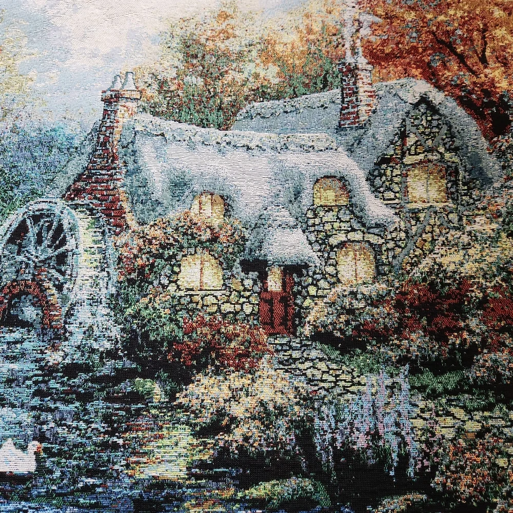 NICKY BOEHME TAPESTRY WALL HANGING STONE COTTAGE SWANS WATER MILL 37 INCHES